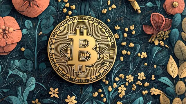 Bitcoin surrounded by floral patterns in a colorful design.