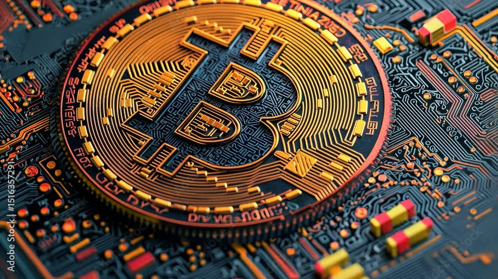 Poster bitcoin coin on a circuit board background.