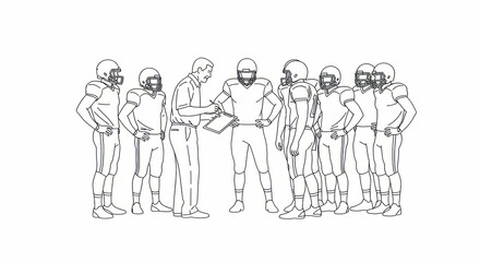 Outline illustration of football players and coach reviewing plays