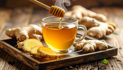 Hot tea with sweet cookies on a brown table, perfect for a cozy breakfast or dessert at a cafe