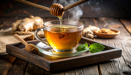 Hot tea with sweet cookies on a brown table, perfect for a cozy breakfast or dessert at a cafe