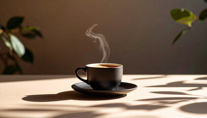 Coffee mug on white saucer with beans on table