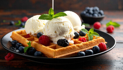 Delicious vanilla ice cream with fresh berries, a sweet and tasty dessert