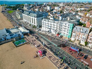 Aerial View of Bustling Beachfront Promenade in Portsmouth