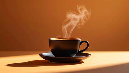 Hot coffee in a white mug with steam on a brown table, perfect for a morning drink