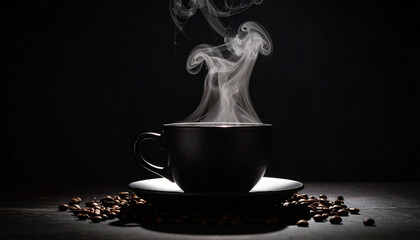 A rich brown cup of hot coffee with roasted beans and a dark saucer evokes the morning aroma of a cafe