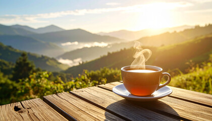 Aromatic hot coffee or tea in a white mug sits on a wooden table, perfect for a morning drink at a cafe or on the mountain