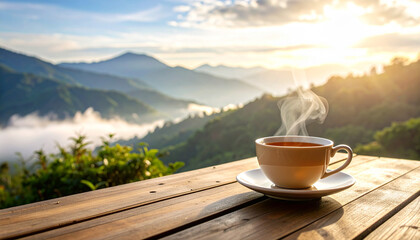 Aromatic hot coffee or tea in a white mug sits on a wooden table, perfect for a morning drink at a cafe or on the mountain