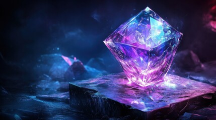 Obraz premium Glowing purple crystal rests on a dark, rough stone platform. Use this for fantasy, gaming or science fiction illustration concepts.