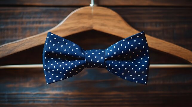 A polka dot bow tie on a wooden hanger