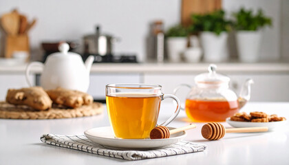 Fresh hot tea with lemon and honey, a delicious morning beverage
