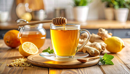 Fresh hot tea with lemon and honey, a delicious morning beverage