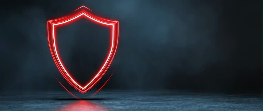 Anamorphic video Red neon shining shield symbol against dark background