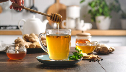 Fresh hot tea with lemon and honey, a delicious morning beverage