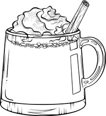 Eggnog or coffee with whipped cream and spices in a wide mug. Winter drink with cinnamon stick. Vector illustration in hand drawn sketch doodle style. Line art isolated on white for coloring book