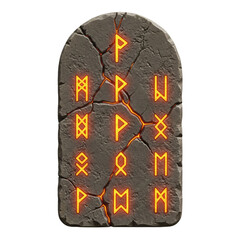 Cracked rune stone with glowing runes on transparent background