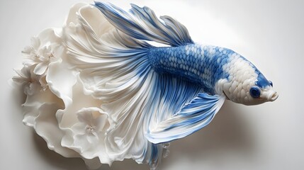 Fototapeta premium Hyperrealistic top-view of a red-blue porcelain betta fish with a milky-white resin back, featuring dried flowers . Concept: Blends nature and art, ideal for fine art, resin design, and luxury decor
