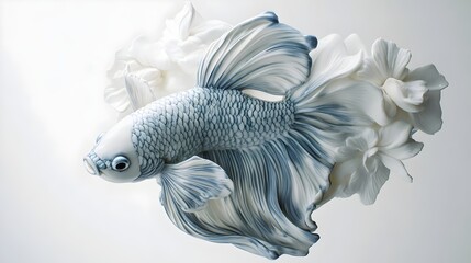 Fototapeta premium Hyperrealistic top-view of a red-blue porcelain betta fish with a milky-white resin back, featuring dried flowers . Concept: Blends nature and art, ideal for fine art, resin design, and luxury decor