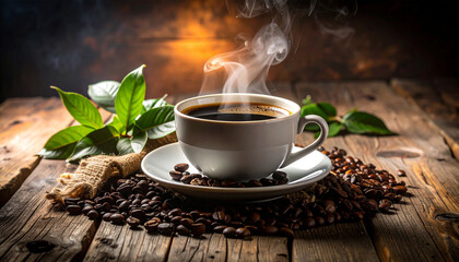 A cup of hot, dark coffee with steam rises from a white mug on a brown wooden table, perfect for a morning breakfast drink