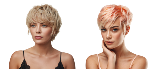 Set of beautiful young woman with stylish haircut and natural makeup on transparent background.