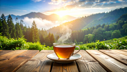 Hot morning tea in a white mug on a wooden table on the terrace