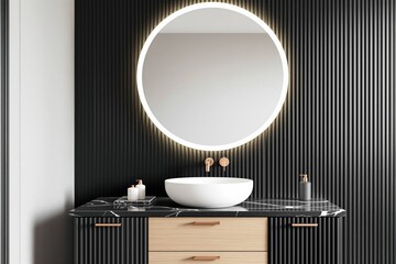 Contemporary bathroom with circular lit mirror, marble countertop, and minimalist decor in a dark vertical panel style background, concept of modern design. Ai generative