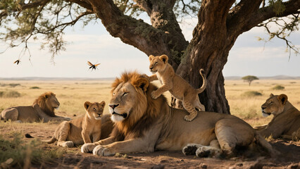 A warm family moment captured as lion cubs play with adult lions beneath the shade of a large tree. A perfect portrayal of social behavior in wild lion prides.
