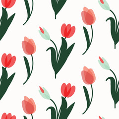 Minimal seamless floral pattern with red tulips and green leaves on white background, spring botanical illustration textile design
