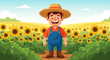Happy farmer on sunflower field. Countryside illustration.