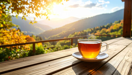 Hot morning tea in a white mug on a terrace table