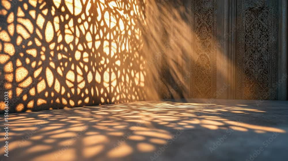 Poster a warm and inviting interior scene with sunlight filtering through a latticed wall