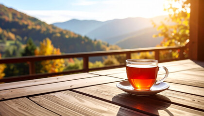 Hot morning tea in a white mug on a terrace table