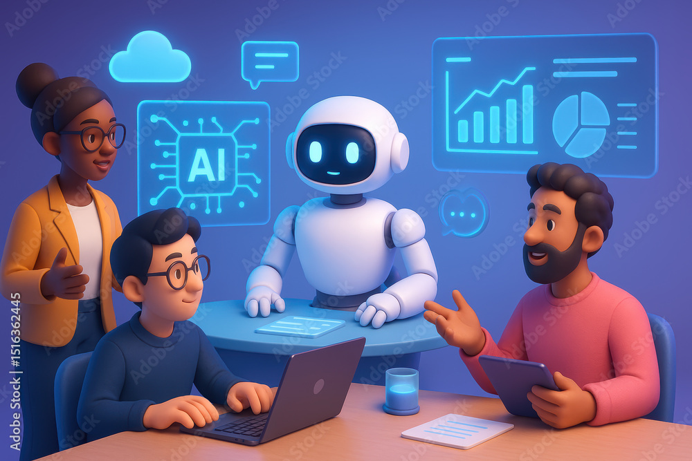 Poster collaborative teamwork in artificial intelligence development with friendly robot and professionals