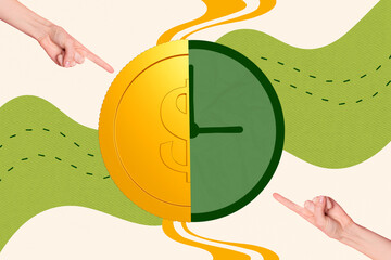 Creative full art collage of hands point dollar coin timepiece expire limit usd capital income...
