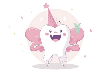 Tooth fairy illustration, cute character with wings and magic wands.