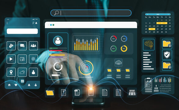 Process of creating an interface for a mobile app. User interface and experience concept. Holographic displays, icons, data visualizations. Web, application, coding develop. UX-UI design development. - Powered by Adobe
