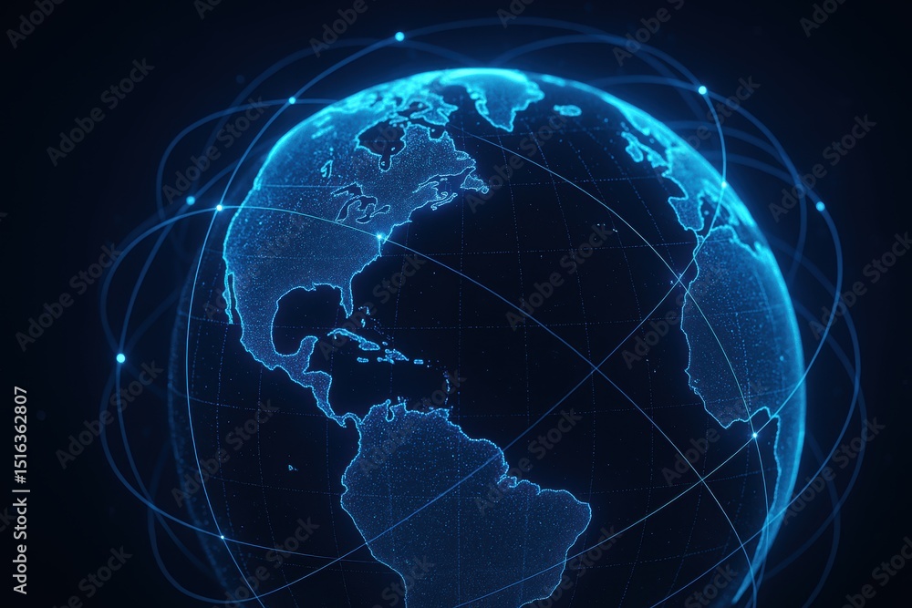 Poster futuristic digital globe with network connections and glowing elements on dark background