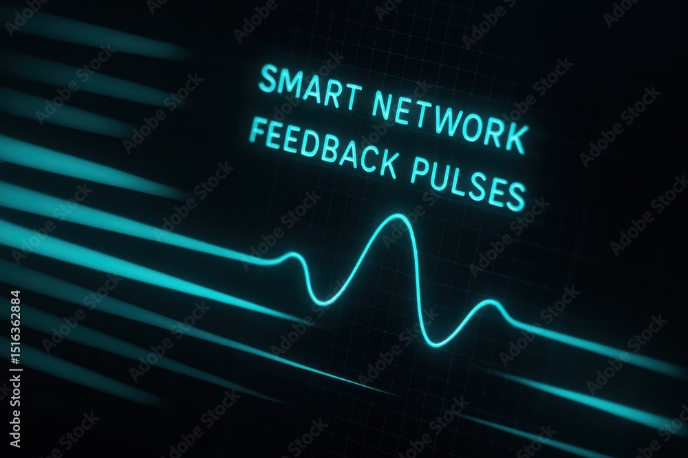 Poster smart network visualization with feedback pulses and waveform elements in dark background
