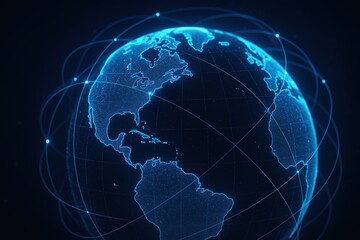 Futuristic Digital Globe with Network Connections and Glowing Elements on Dark Background