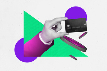 Sketch image artwork composite 3D photo collage of hand hold cretid card cashless pay coins budget...