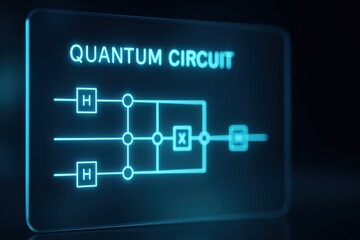 Fototapeta premium Quantum Circuit Diagram with Blue Glow on Transparent Display in Dark Background