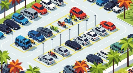 Isometric parking lot with cars and motorcycles, aerial view