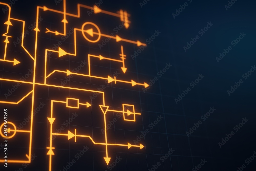 Poster modern digital circuit design with orange lines on dark background for technology concepts