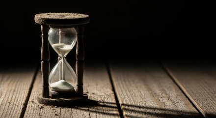Antique hourglass on wooden surface with dark background