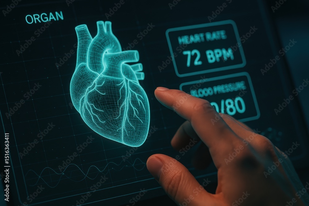 Poster heart monitor display with heartbeat data and digital heart visualization technology