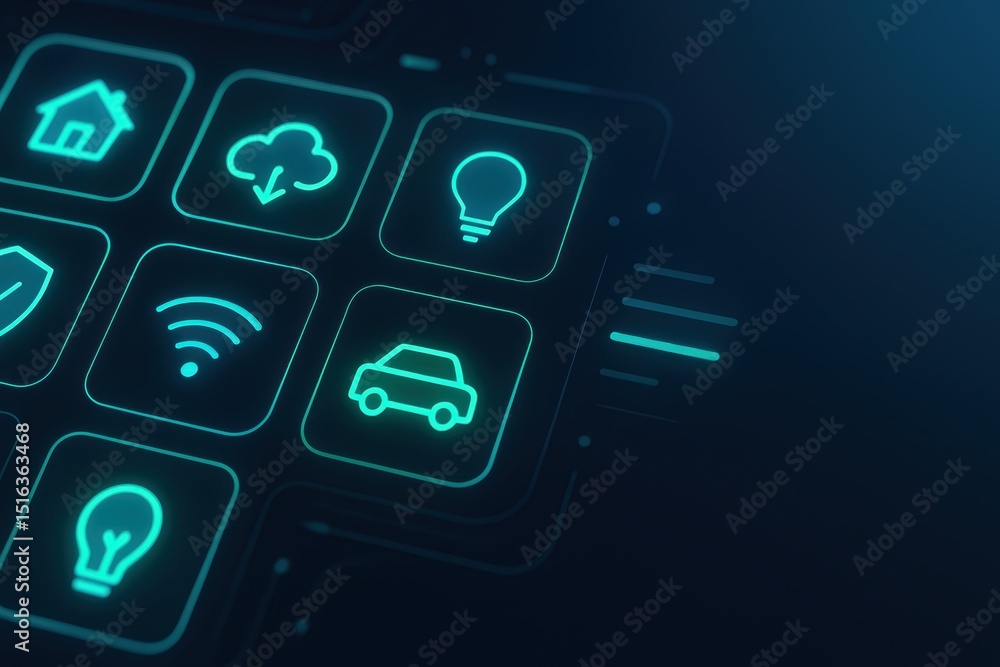 Poster digital smart home interface with icons for home automation and connectivity options