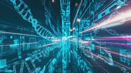 A digital cityscape DNA helices glowing hexagonal grids, deep blue space. Molecular neon lights, data streams translucent roads chromosomes. Futuristic lab particles. cybernetic medical ambiance - Powered by Adobe