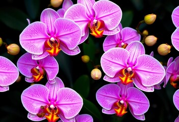 Elegant, vibrant orchid blossoms in a continuous, repeating floral pattern, nature, seamless pattern