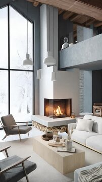 Living room boasts modern fireplace and a window overlooking snowy outdoor scene, creating a cozy and stylish interior design concept.