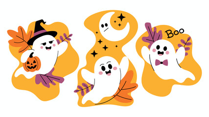 Set of cute cartoon ghosts with autumn elements. Fun and colorful illustration for kids party design, holiday decoration, prints, cards and stickers.